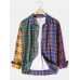 Mens Plaid Patchwork Button Up Lapel Casual Long Sleeve Shirts