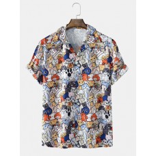 Mens Allover Funny Cartoon Print Revere Collar Short Sleeve Shirts