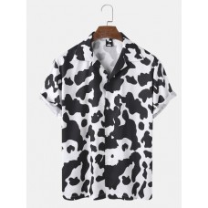 Mens Cow Pattern Print Revere Collar Short Sleeve Casual Shirts