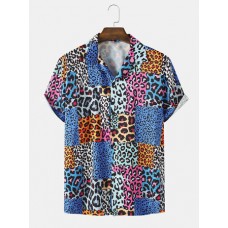 Mens Mixed Leopard Print Revere Collar Short Sleeve Shirts