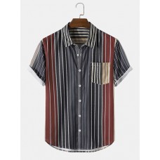 Mens Colorful Vertical Stripe Lapel Short Sleeve Shirts With Pocket