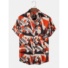 Mens Colorful Print Chest Pocket Short Sleeve Casual Shirts