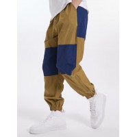 Mens Contrast Color Patchwork Drawstring Waist Jogger Pants