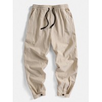 Mens Solid Color 100% Cotton Adjustable Button Cuff Drawstring Pants