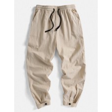 Mens Solid Color 100% Cotton Adjustable Button Cuff Drawstring Pants